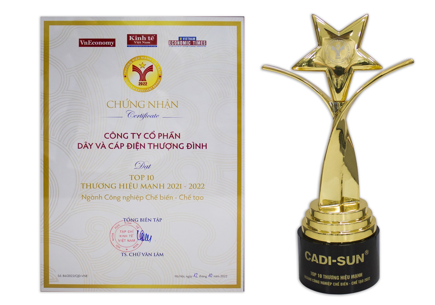 CADI-SUN TOP 10 thương hiệu mạnh ngành Công nghiệp chế biến – chế tạo